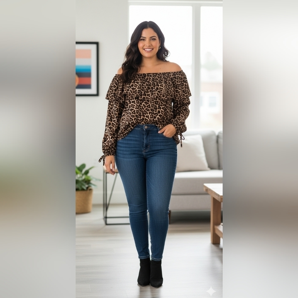Michael Kors Leopard Print Off-Shoulder Ruffle Top Size 2X New With Tags